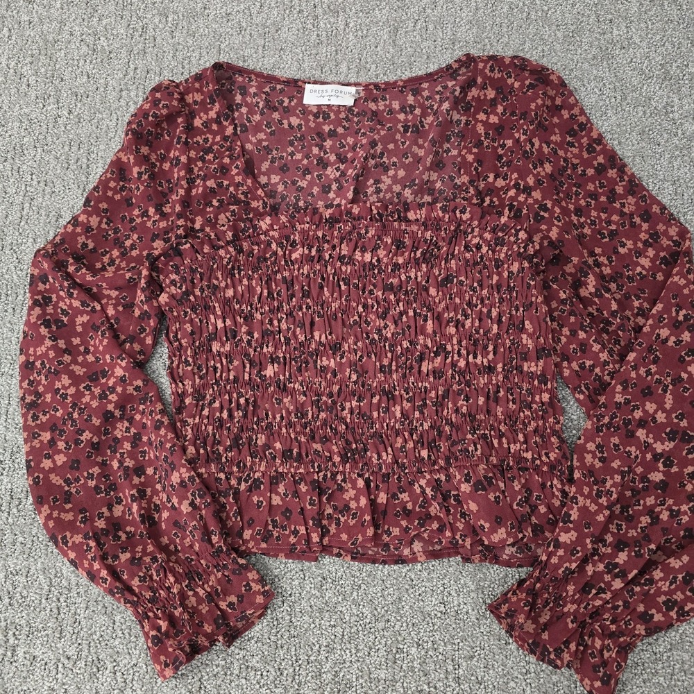 Dress Forum Red Floral Smocked Peplum Blouse Puff Sleeve Square Neck M‎